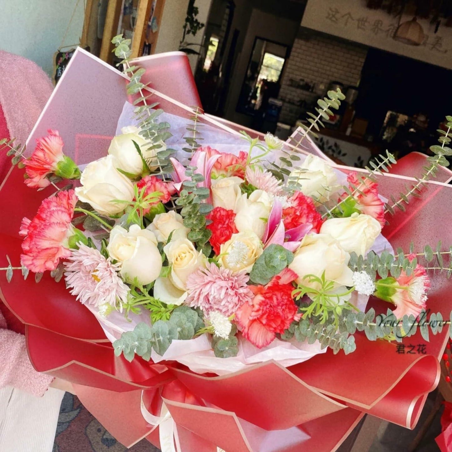 Tenare 36pcs Waterproof Flower Wrapping Paper & 50yd Satin Ribbon Red