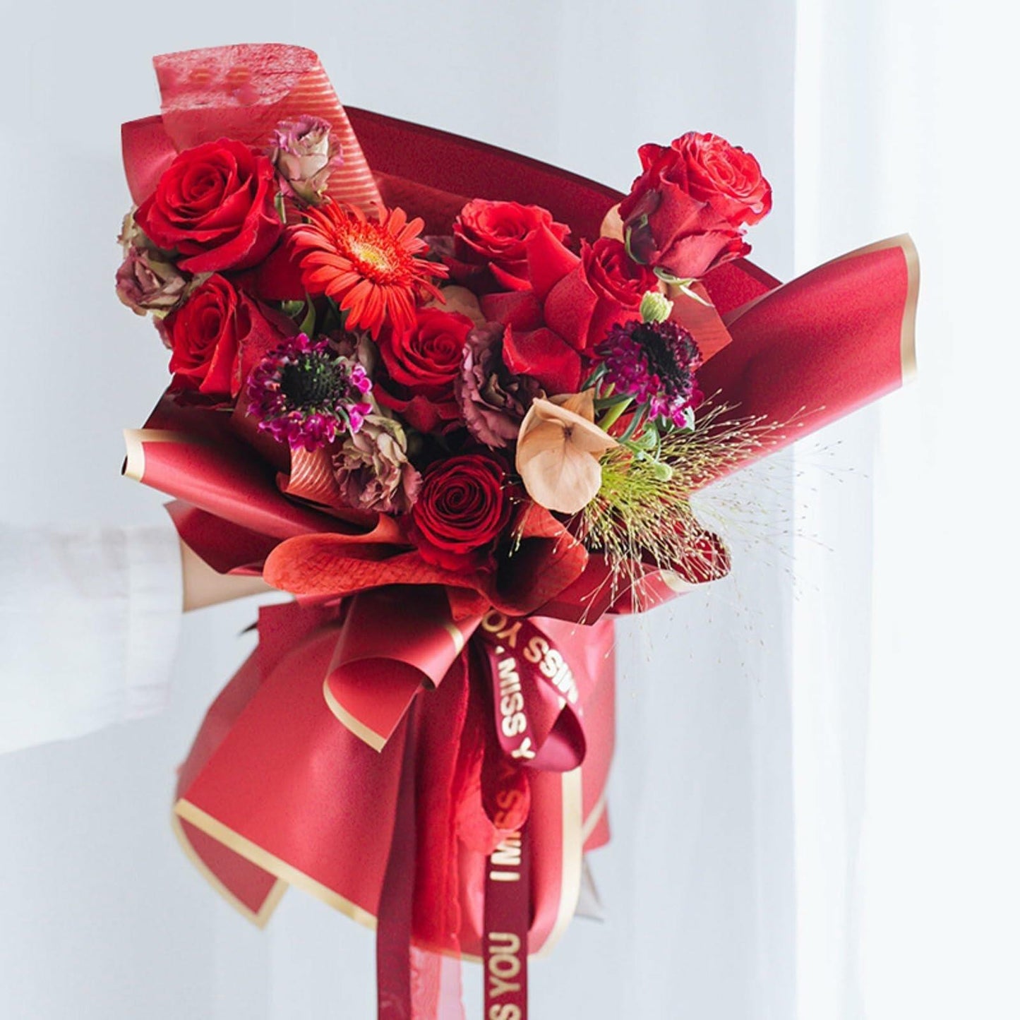 Tenare 36pcs Waterproof Flower Wrapping Paper & 50yd Satin Ribbon Red