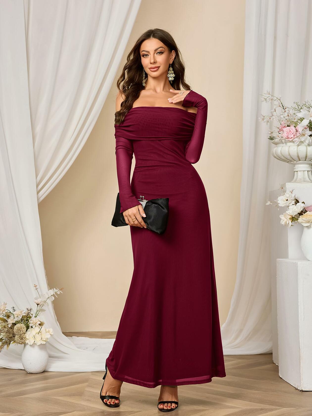 Colysmo Women Long Sleeve Mesh Off Shoulder Bodycon Maxi Dress Burgundy Size L