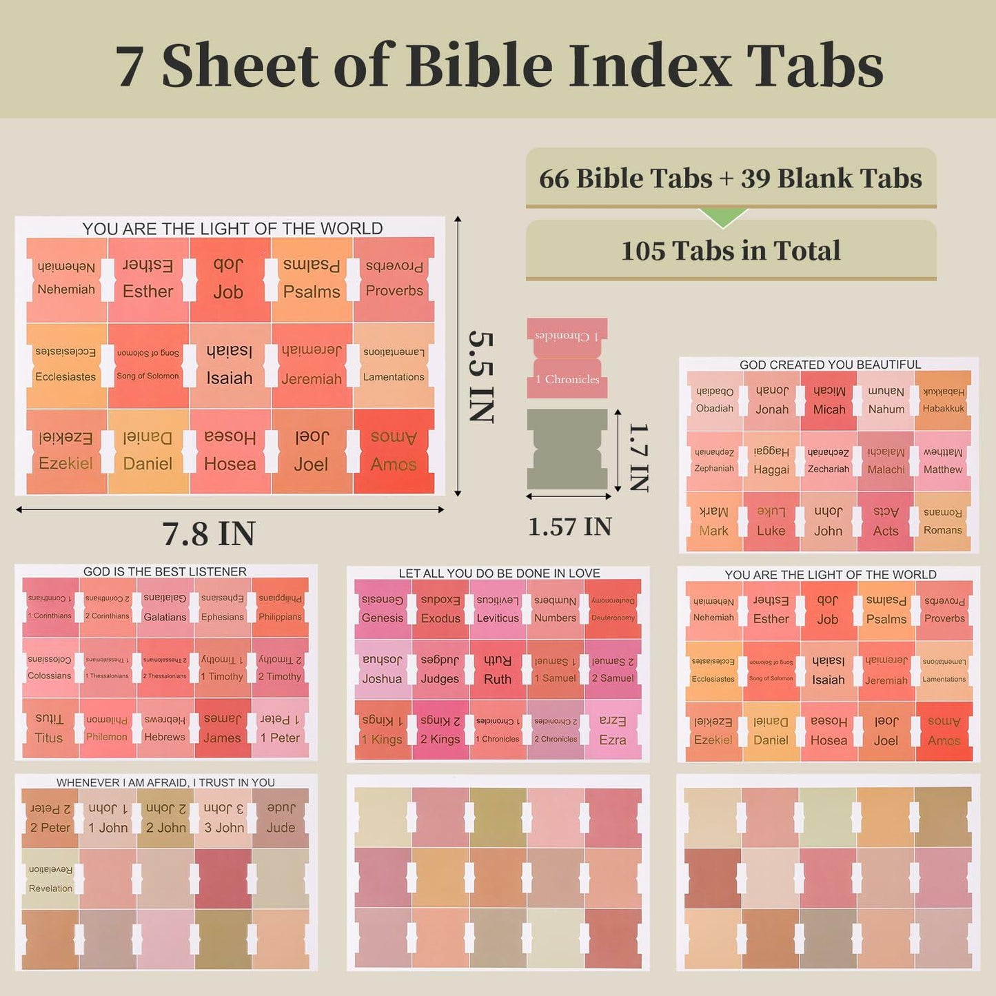 Laminated Bible Tabs for Women and Men, 105 PCS Large Print Index Labels