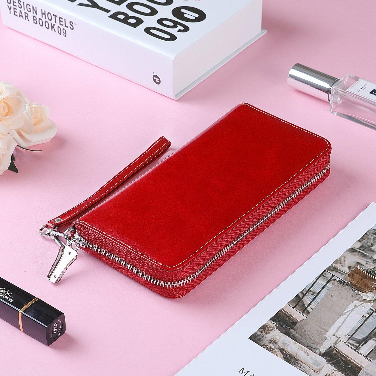 Lavemi Women's RFID Blocking 100% Leather Large Capacity Zip Wallet Red