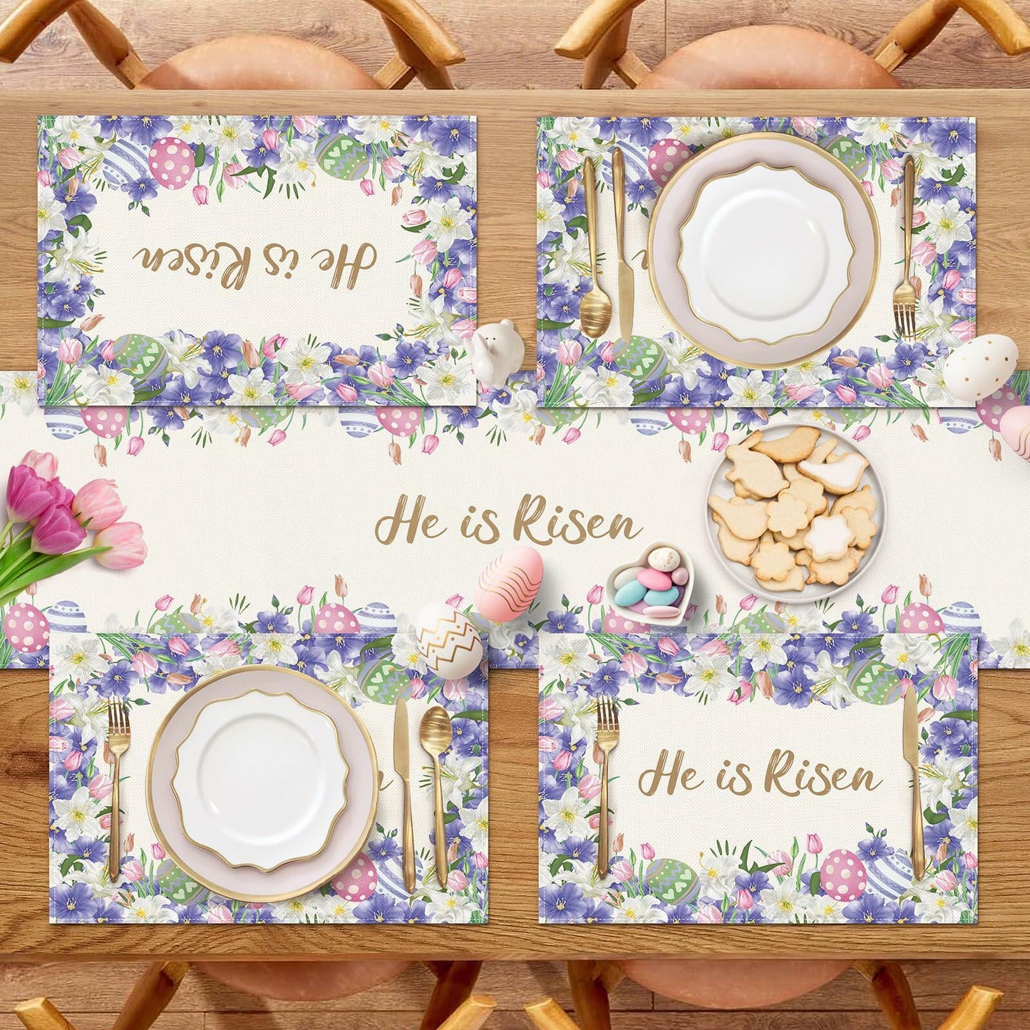NLUS He is Risen Easter Placemats Set of 4 Christian Cross Lily Flowers