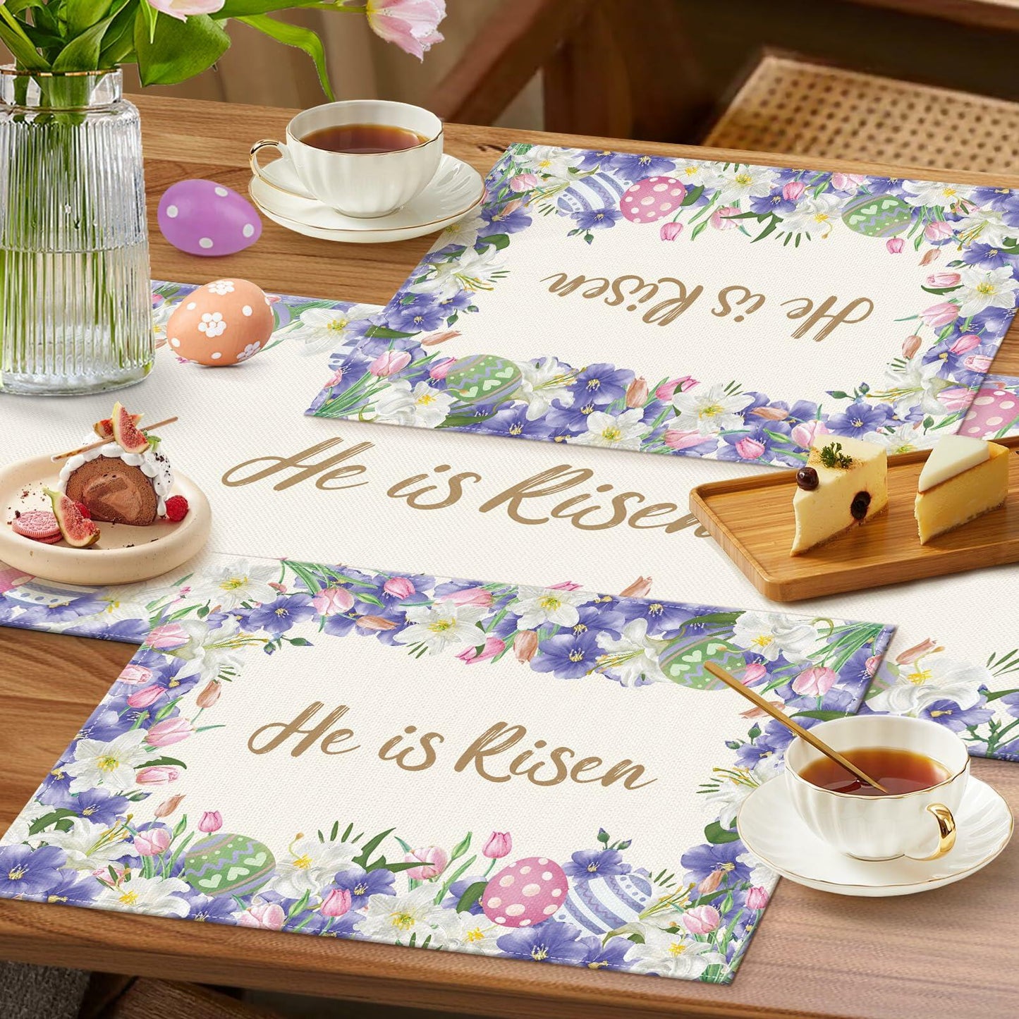 NLUS He is Risen Easter Placemats Set of 4 Christian Cross Lily Flowers