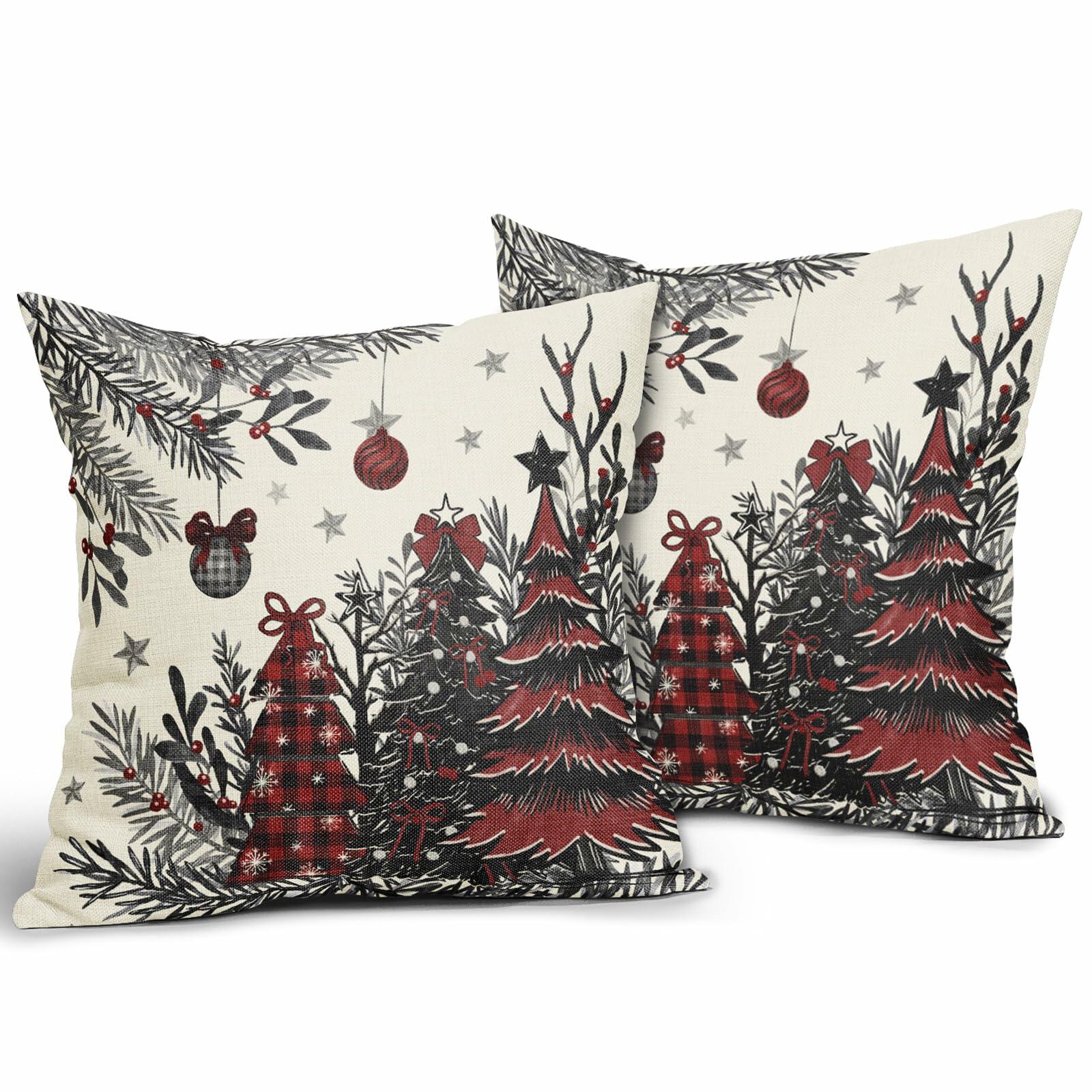 Black Red Christmas Tree Throw Pillow Covers 18x18 Set of 2 Xmas Decor