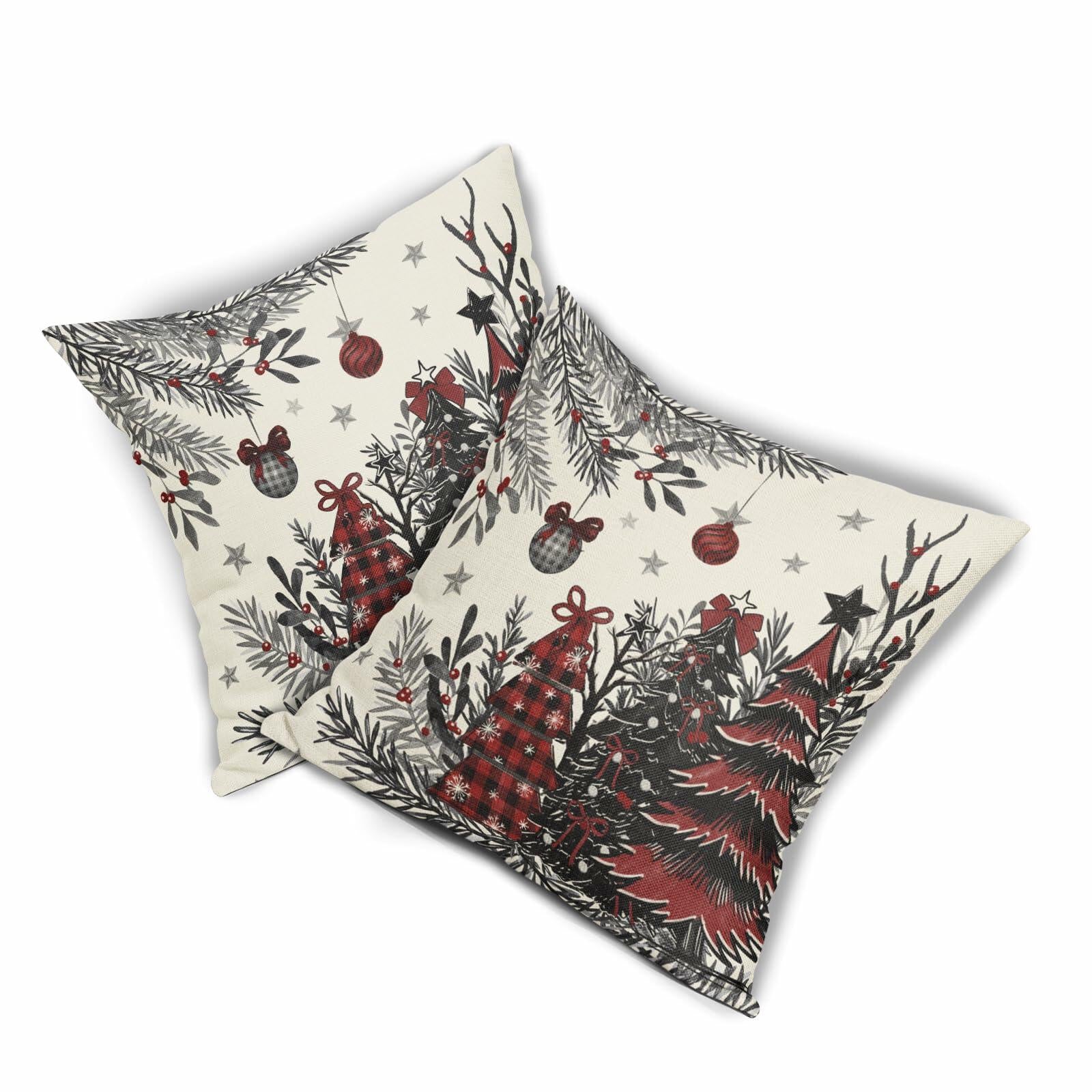 Black Red Christmas Tree Throw Pillow Covers 18x18 Set of 2 Xmas Decor