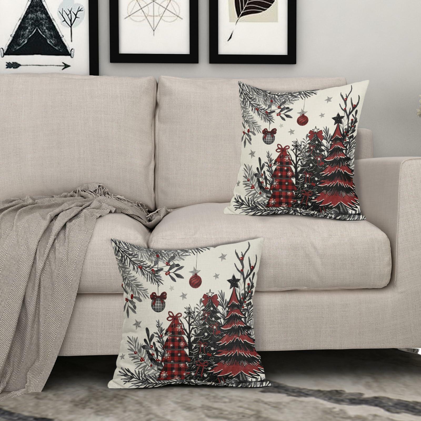 Black Red Christmas Tree Throw Pillow Covers 18x18 Set of 2 Xmas Decor
