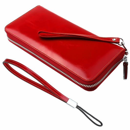 Lavemi Women's RFID Blocking 100% Leather Large Capacity Zip Wallet Red