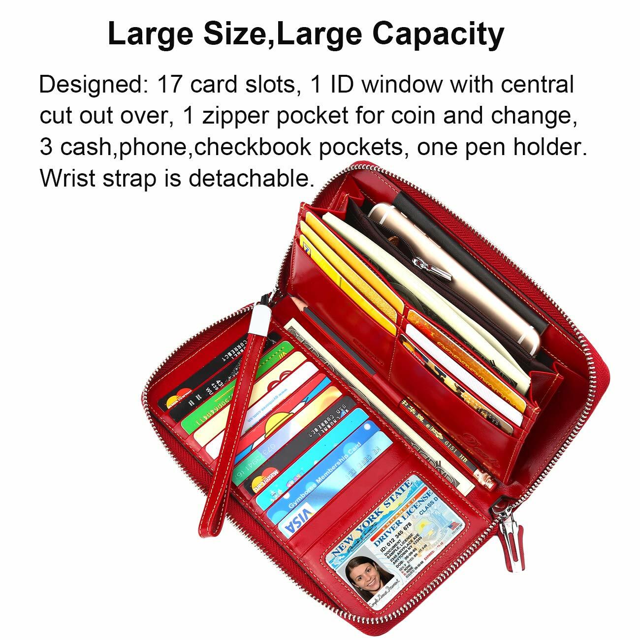 Lavemi Women's RFID Blocking 100% Leather Large Capacity Zip Wallet Red