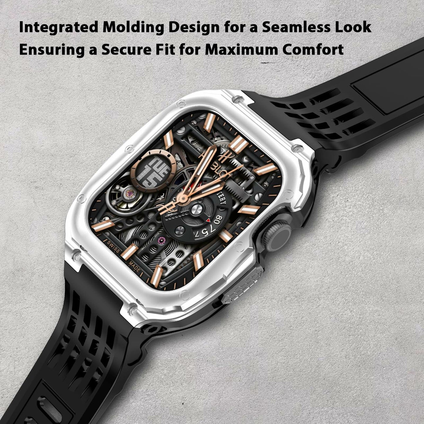 V-MORO Stainless Steel Band Case for Apple Watch Series 9 8 7 45mm Black Silver