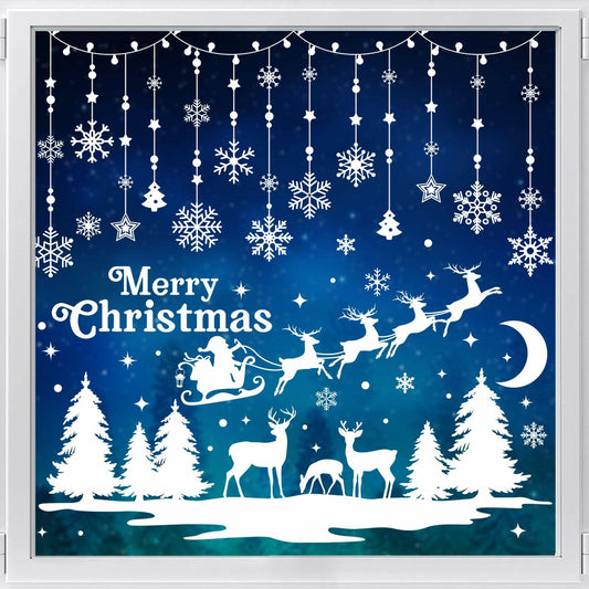 HOWAF 9 Sheets Merry Christmas Winter Wonderland Window Clings Snowflake Elk