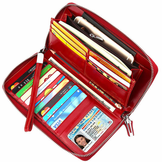 Lavemi Women's RFID Blocking 100% Leather Large Capacity Zip Wallet Red