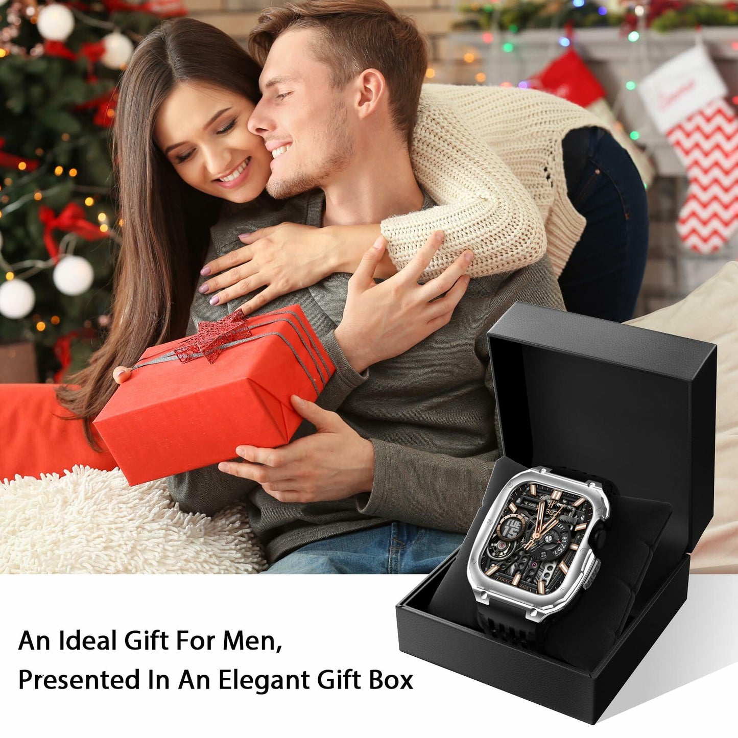 V-MORO Stainless Steel Band Case for Apple Watch Series 9 8 7 45mm Black Silver