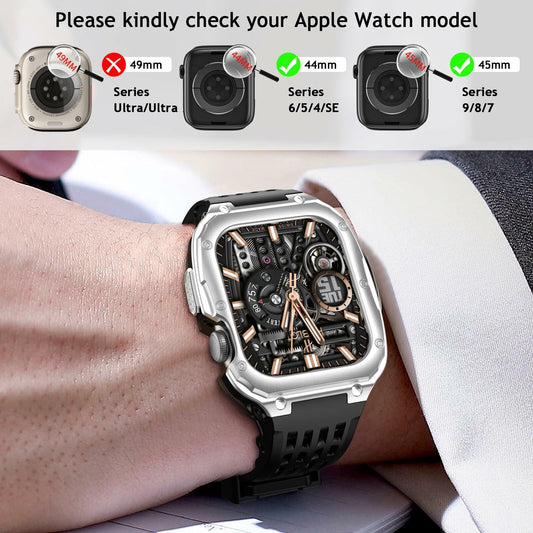 V-MORO Stainless Steel Band Case for Apple Watch Series 9 8 7 45mm Black Silver
