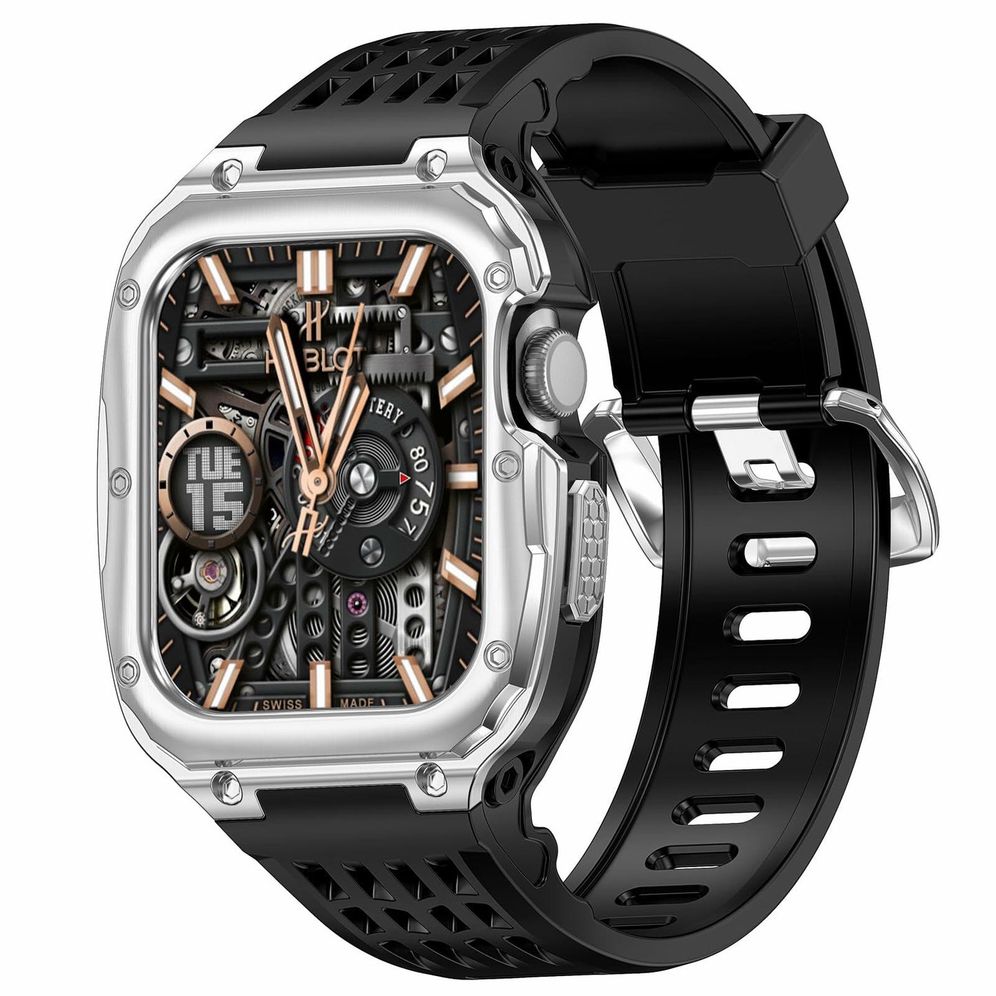 V-MORO Stainless Steel Band Case for Apple Watch Series 9 8 7 45mm Black Silver