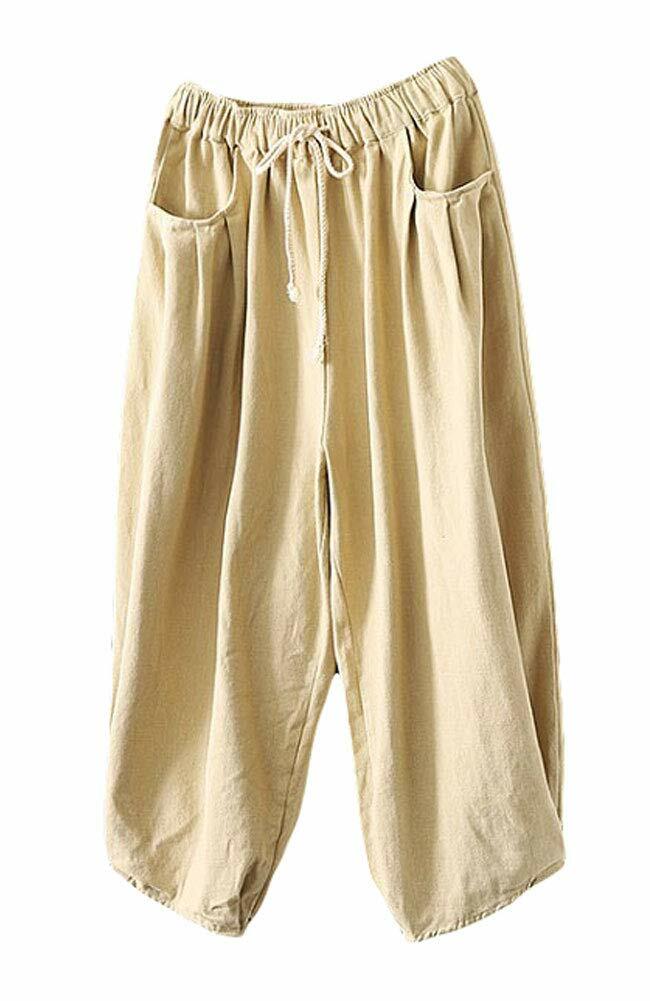 Minibee Womens Wide Leg Capri Pants Drawstring Waist Pockets Beige Size L