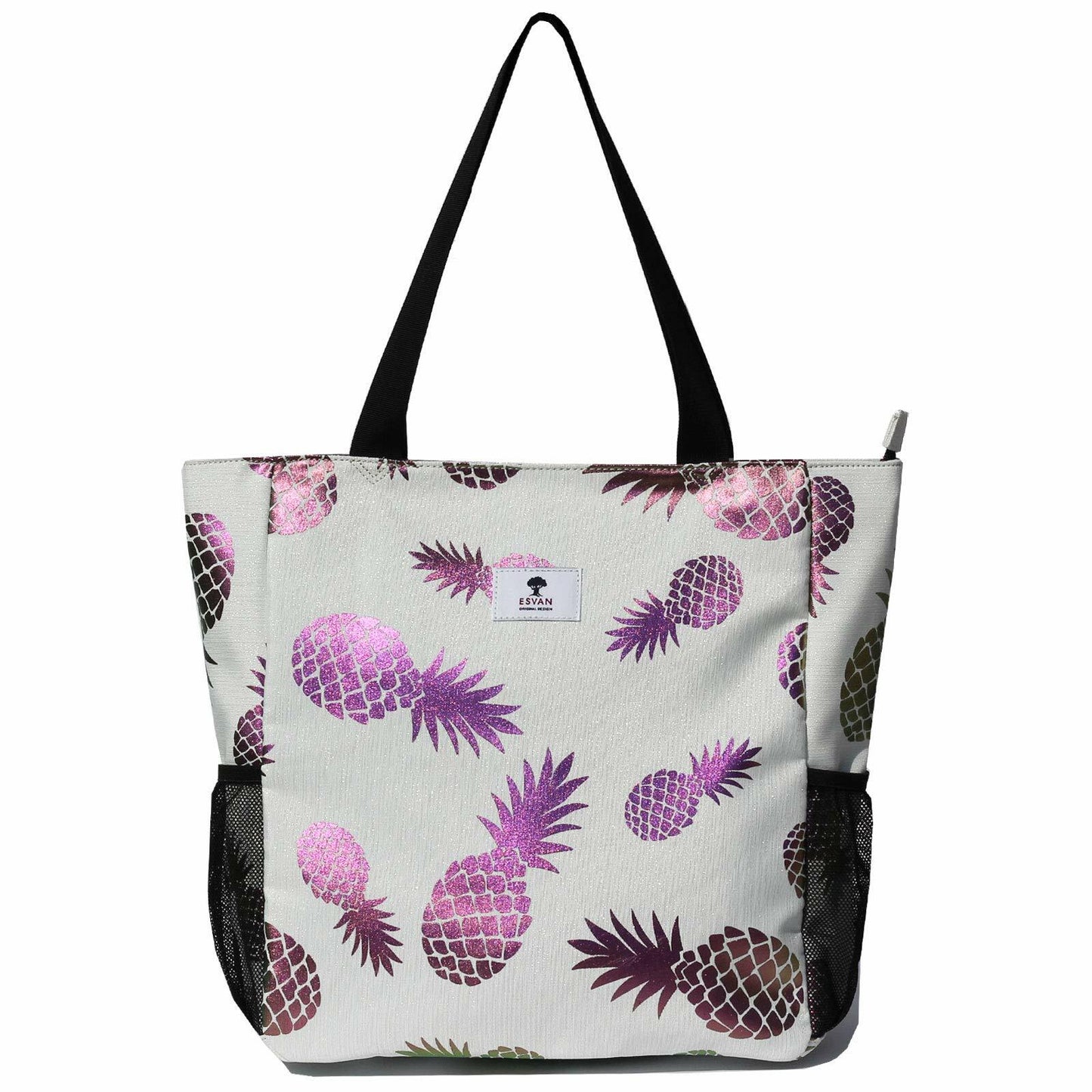 ESVAN Floral Water Resistant Large Tote Bag Shoulder Bag White Pineapple