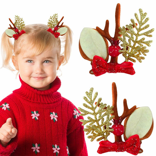 Christmas Bow Hair Clips Red Gold Reindeer Antler 2PCS Holiday Accessories