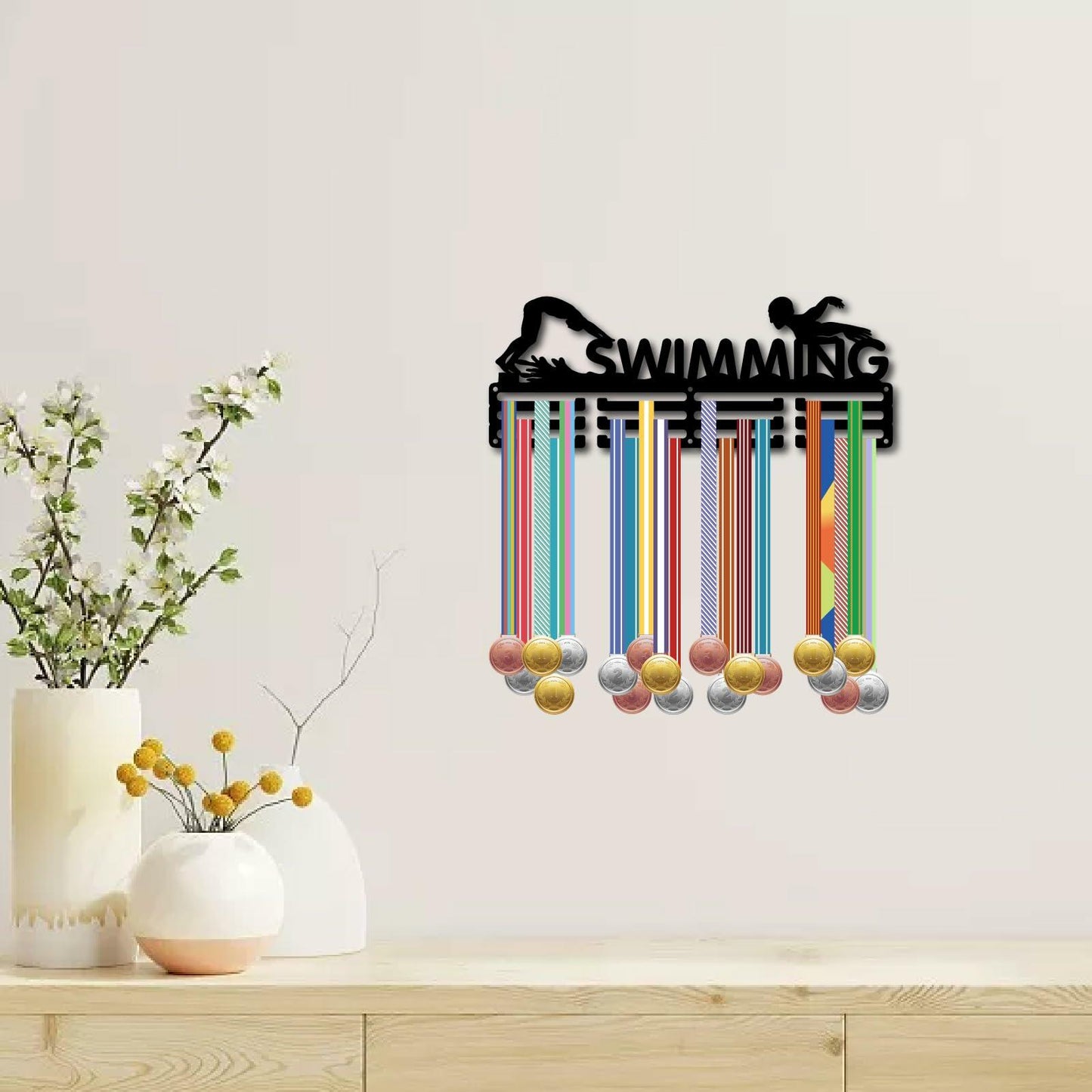 CREATCABIN Metal Swimming Medal Holder Rack Wall Mount Black 15.7x6in