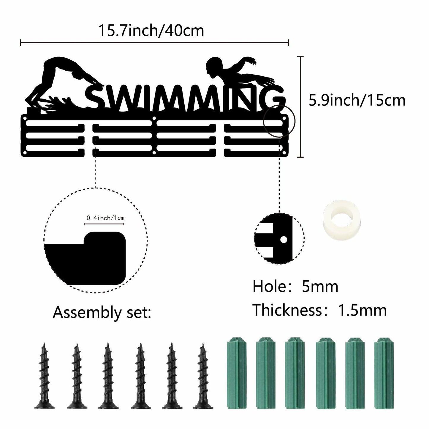 CREATCABIN Metal Swimming Medal Holder Rack Wall Mount Black 15.7x6in