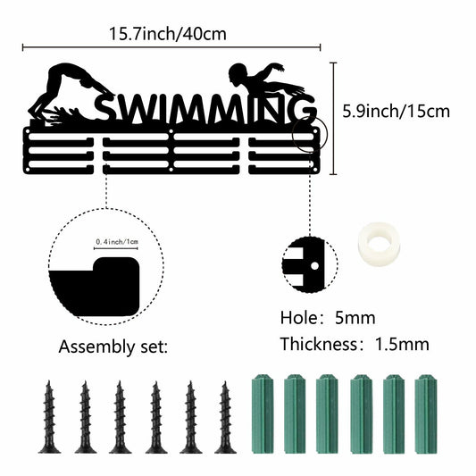 CREATCABIN Metal Swimming Medal Holder Rack Wall Mount Black 15.7x6in