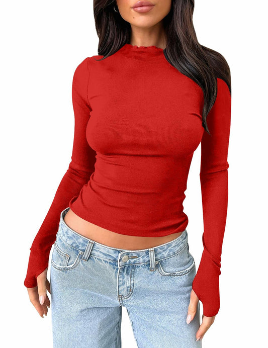 cailami Women's Long Sleeve Mock Neck Ribbed Slim Fit Top Red Size S