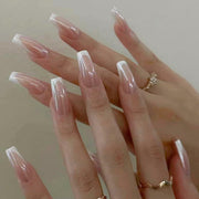 French Tip Press On Nails Short Square Pink Nude Glossy 24Pcs
