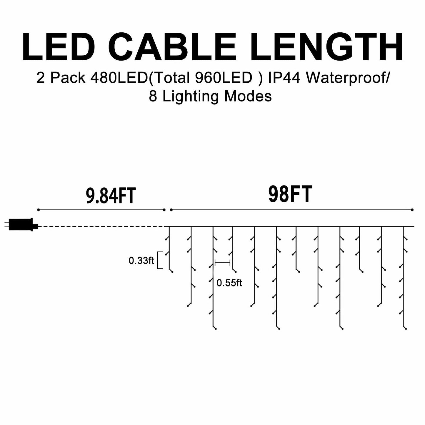 Christmas Lights Outdoor 2 Pack 98FT 960 LED Blue Icicle 8 Modes Timer