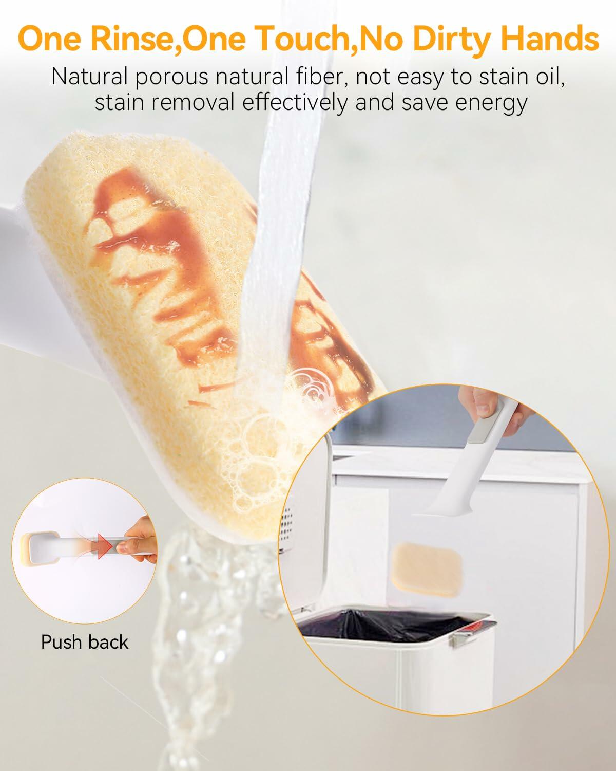 Soap Dispensing Dish Brush Set with 1 Long Handle & 10 Natural Loofah Sponges