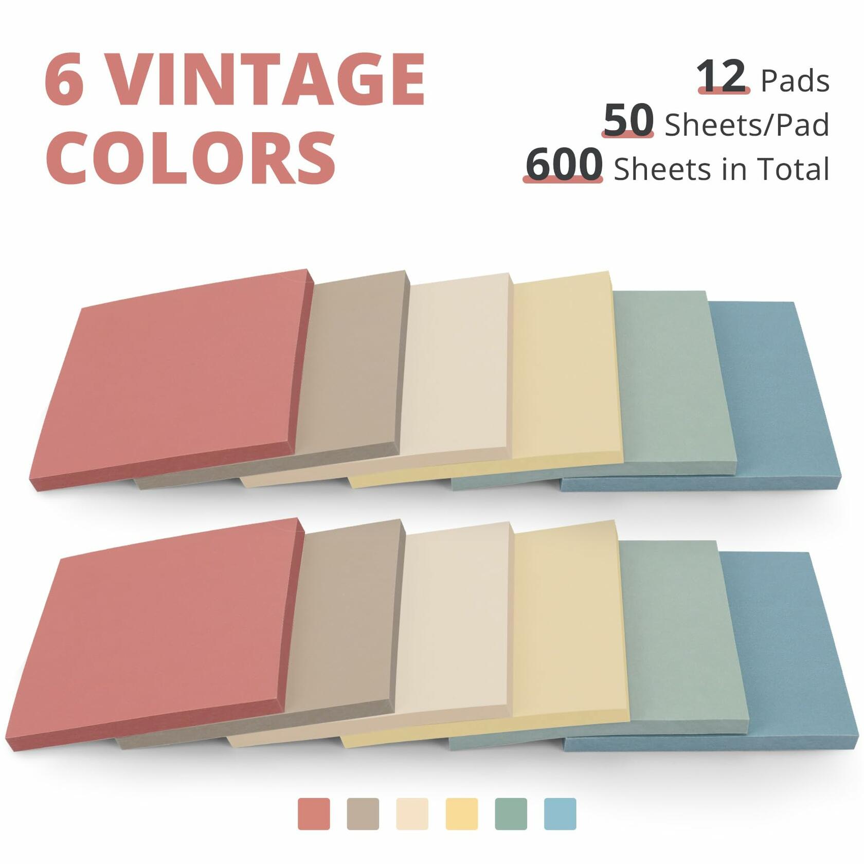 Sticky Notes 3x3 Inch 12 Pads Vintage Colors Easy to Stick School Office Home