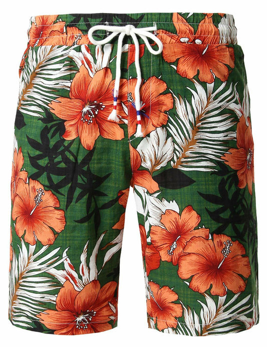 JOGAL Men's Flower Flat Front Casual Aloha Hawaiian Shorts Green Size M