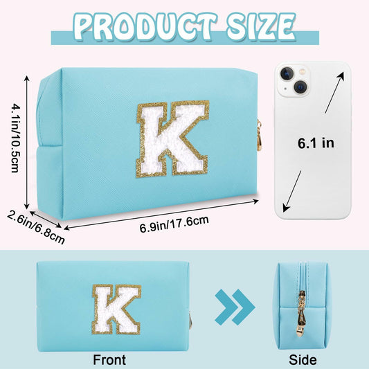 Personalized Chenille Letter K Makeup Bag Small Blue Waterproof PU Leather