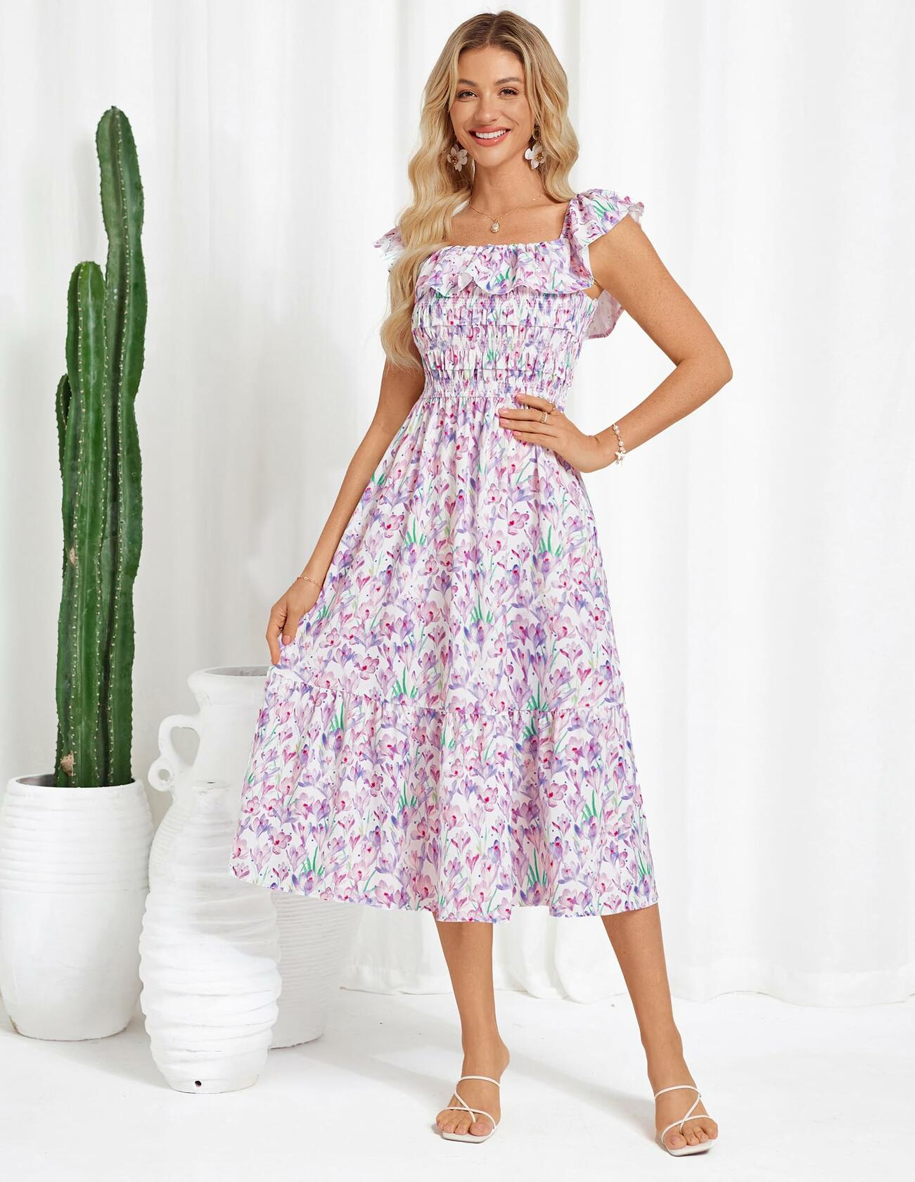 GRACE KARIN Women's Off Shoulder Floral Ruffle Midi Dress Rose Red Size XL