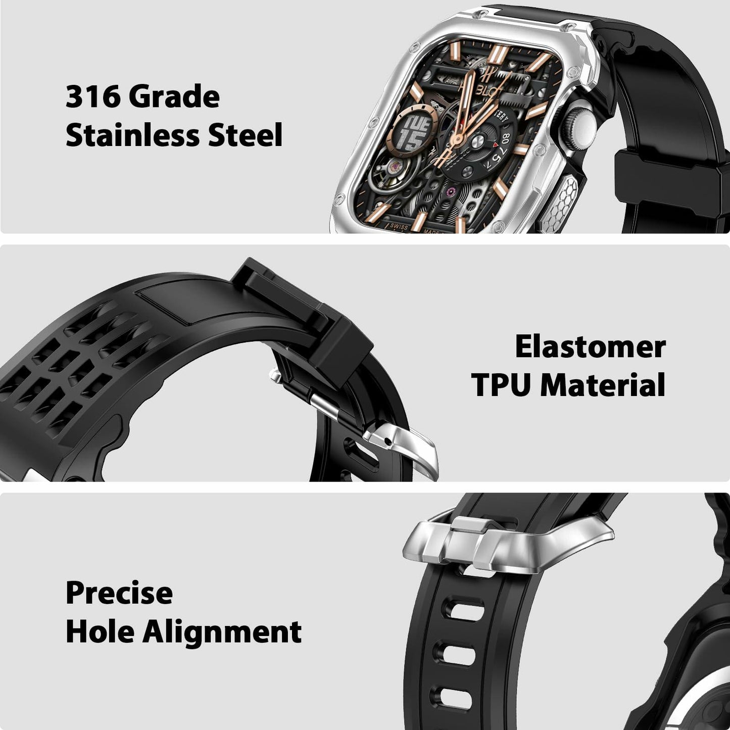 V-MORO Stainless Steel Band Case for Apple Watch Series 9 8 7 45mm Black Silver