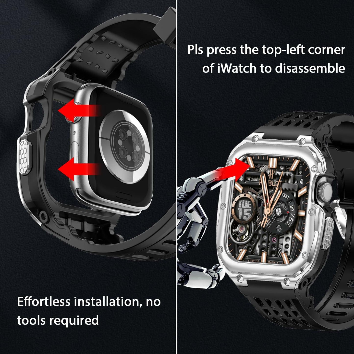 V-MORO Stainless Steel Band Case for Apple Watch Series 9 8 7 45mm Black Silver