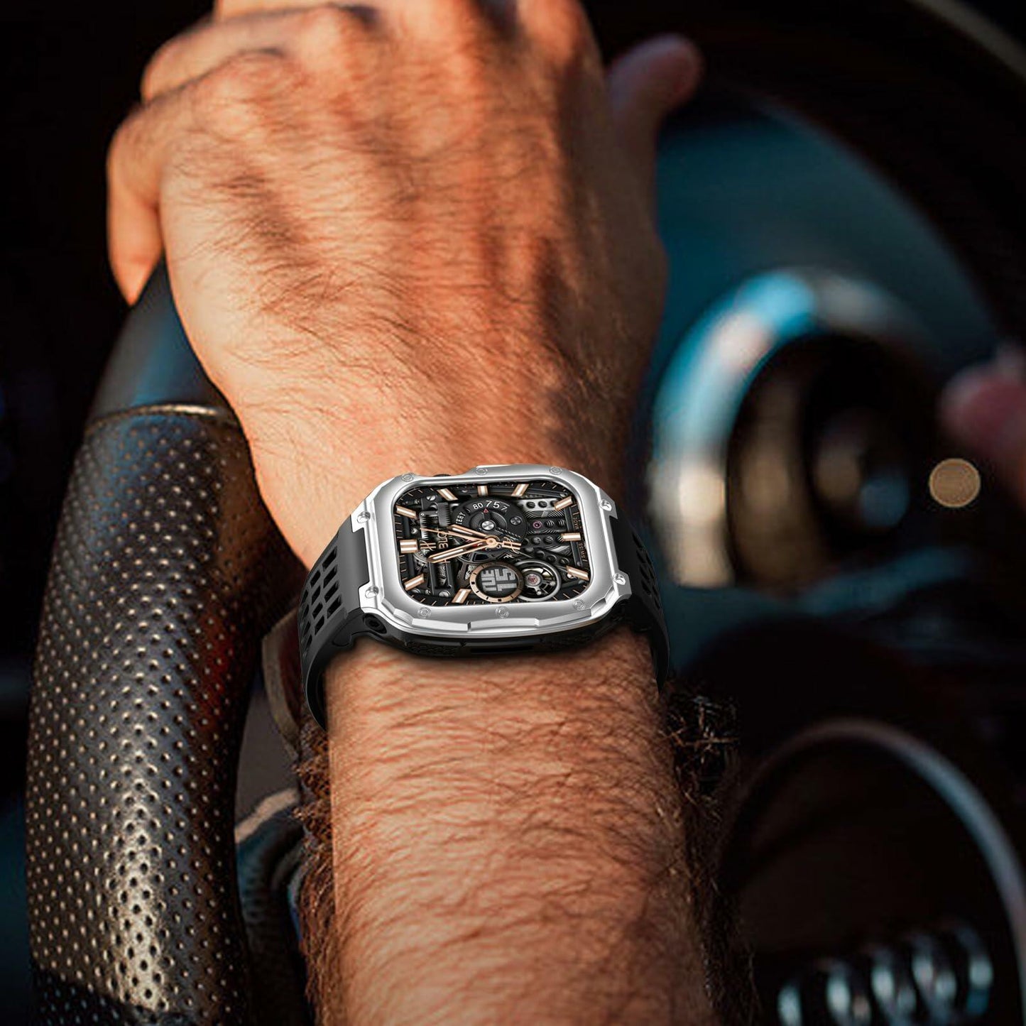 V-MORO Stainless Steel Band Case for Apple Watch Series 9 8 7 45mm Black Silver