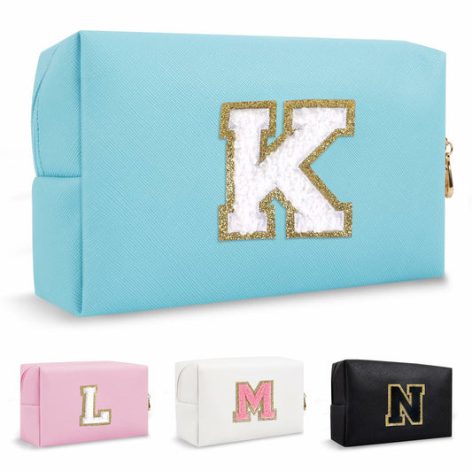 Personalized Chenille Letter K Makeup Bag Small Blue Waterproof PU Leather