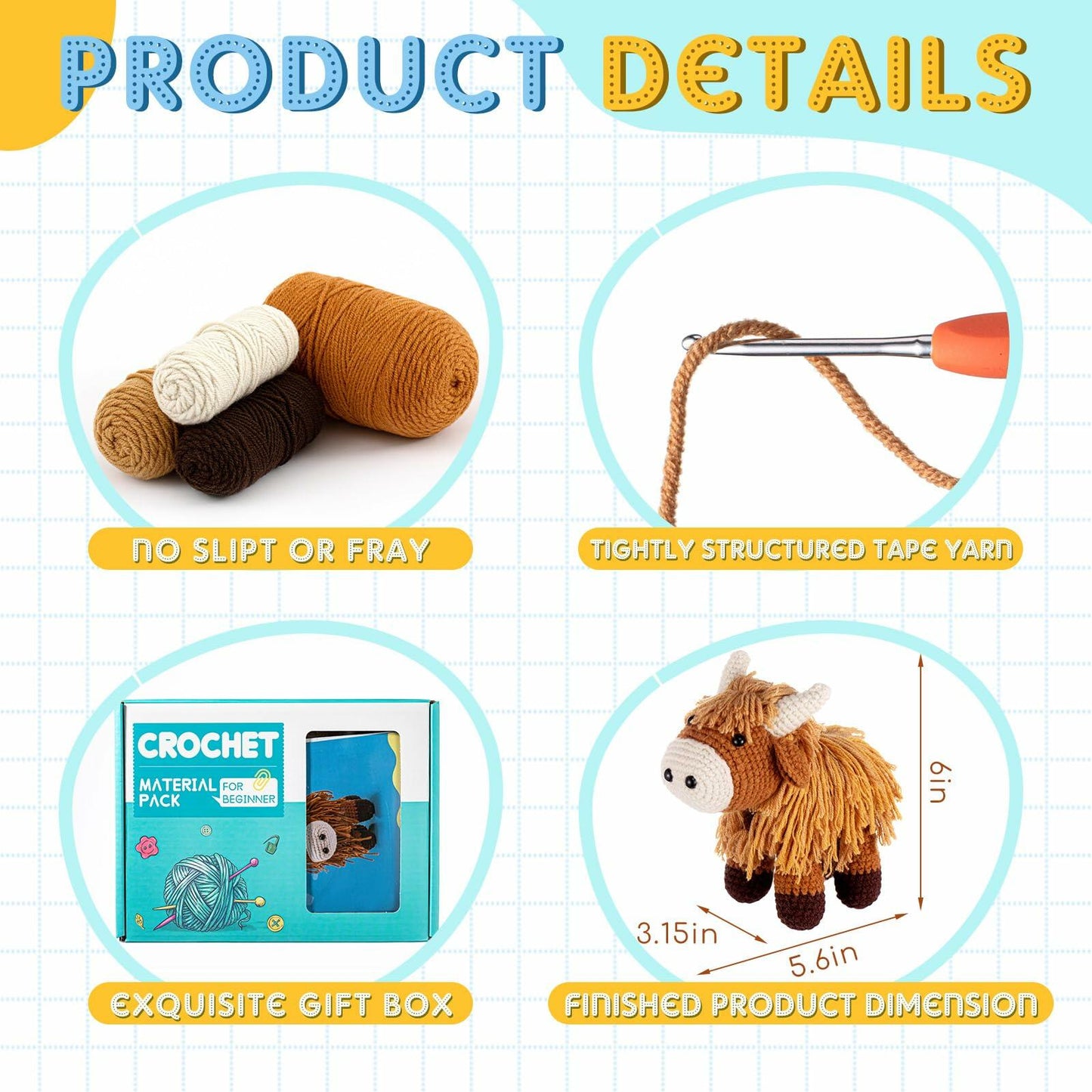 Lyrow Highland Cow Crochet Kit for Beginners with Yarn & Hook Tutorials