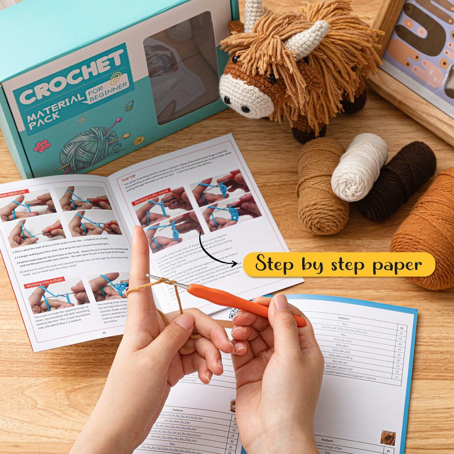 Lyrow Highland Cow Crochet Kit for Beginners with Yarn & Hook Tutorials