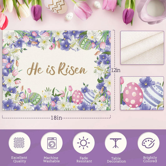 NLUS He is Risen Easter Placemats Set of 4 Christian Cross Lily Flowers