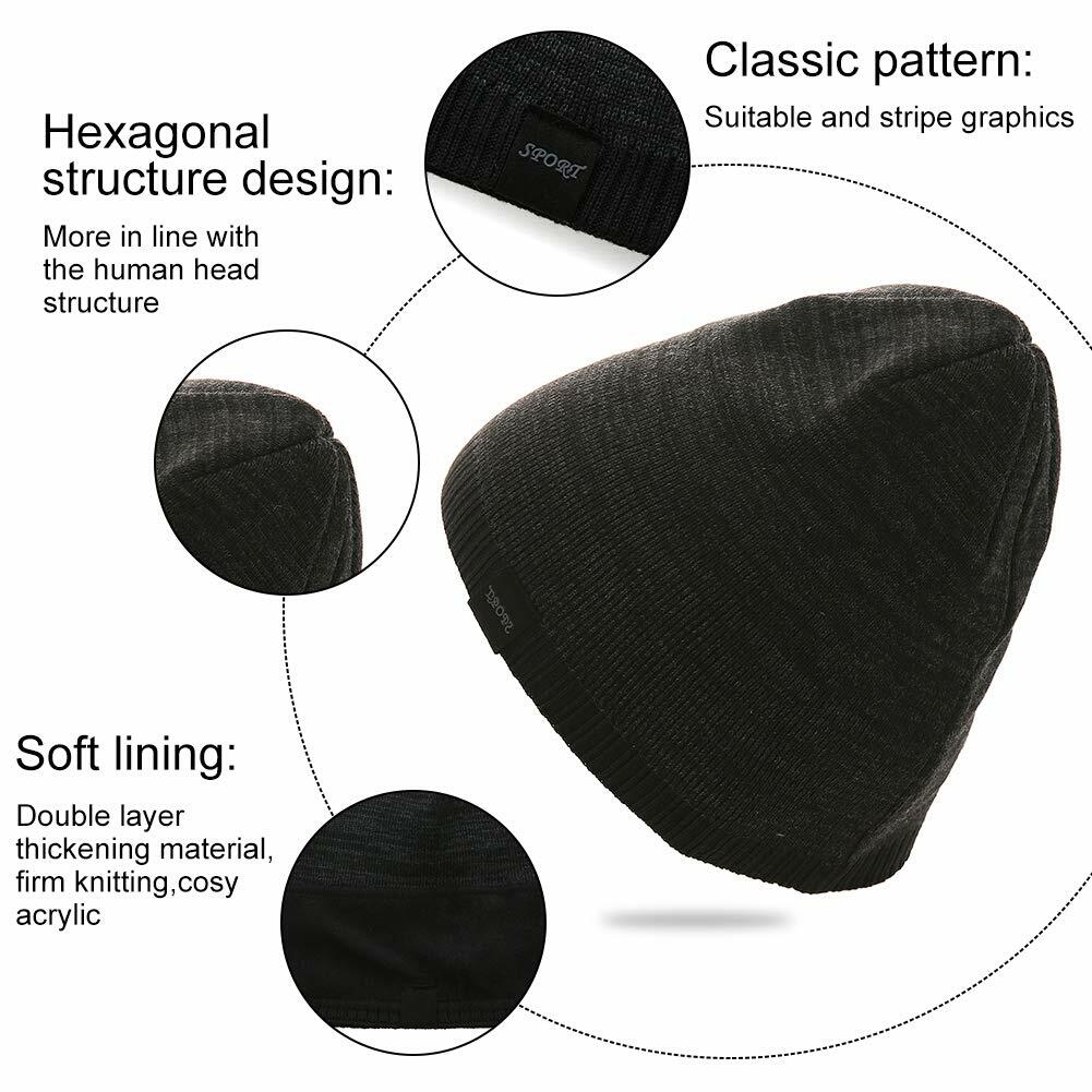 Winter Beanie Skull Cap Warm Knit Lined Outdoor Hat 4-Black&Grey - M Size