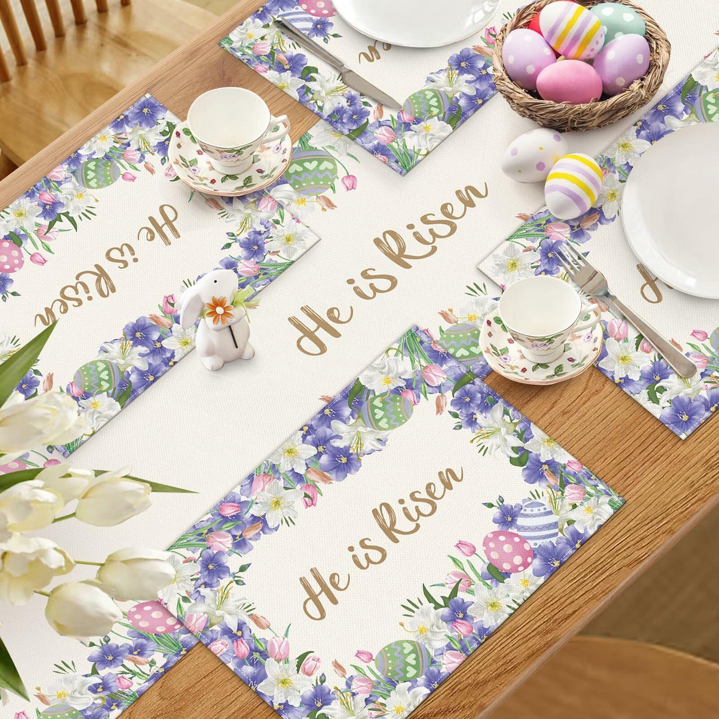 NLUS He is Risen Easter Placemats Set of 4 Christian Cross Lily Flowers