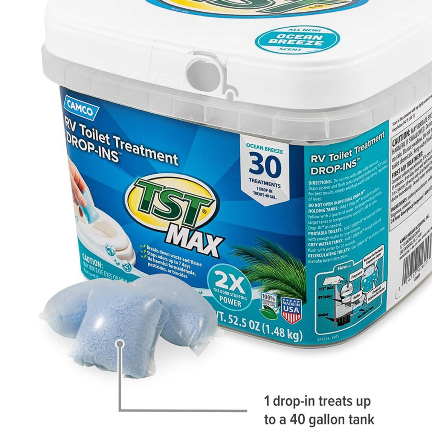 Camco TST MAX RV Toilet Treatment Drop-Ins Ocean Breeze Scent 30-Pack