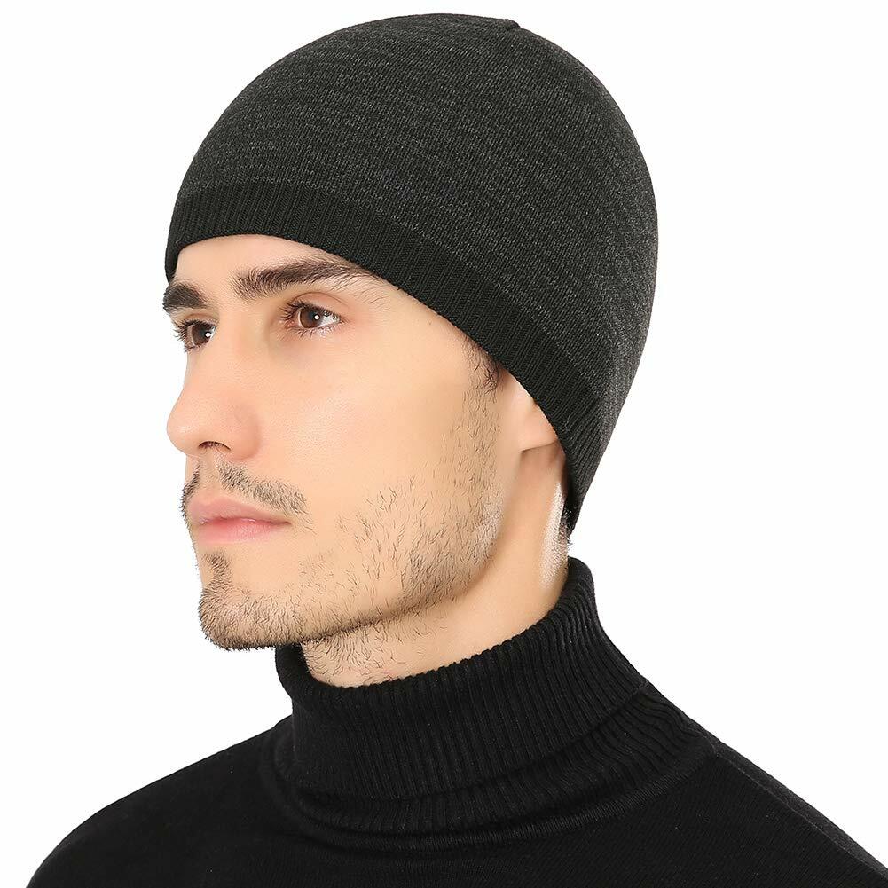 Winter Beanie Skull Cap Warm Knit Lined Outdoor Hat 4-Black&Grey - M Size