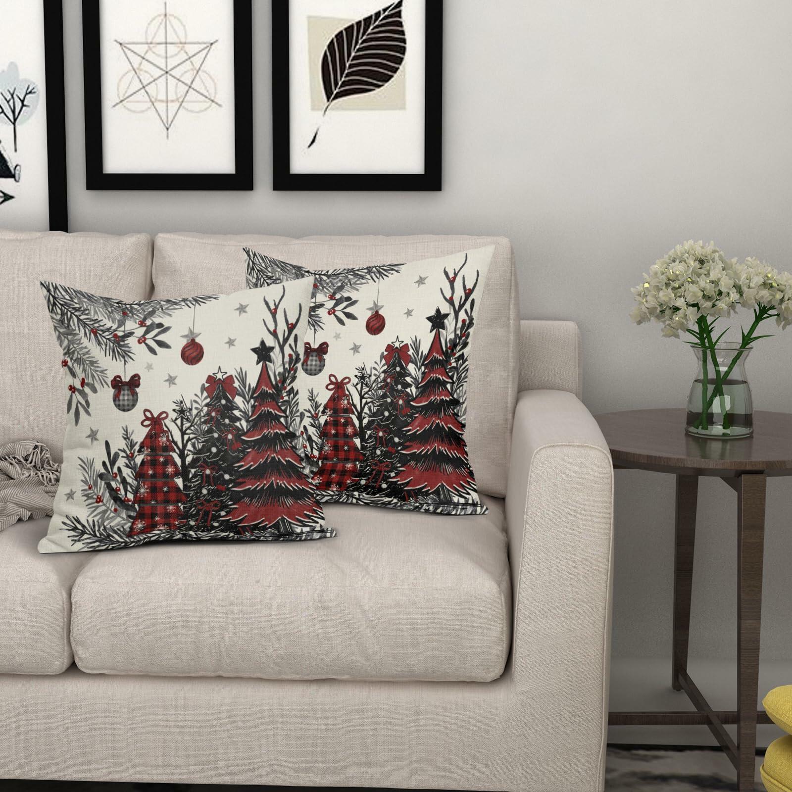 Black Red Christmas Tree Throw Pillow Covers 18x18 Set of 2 Xmas Decor