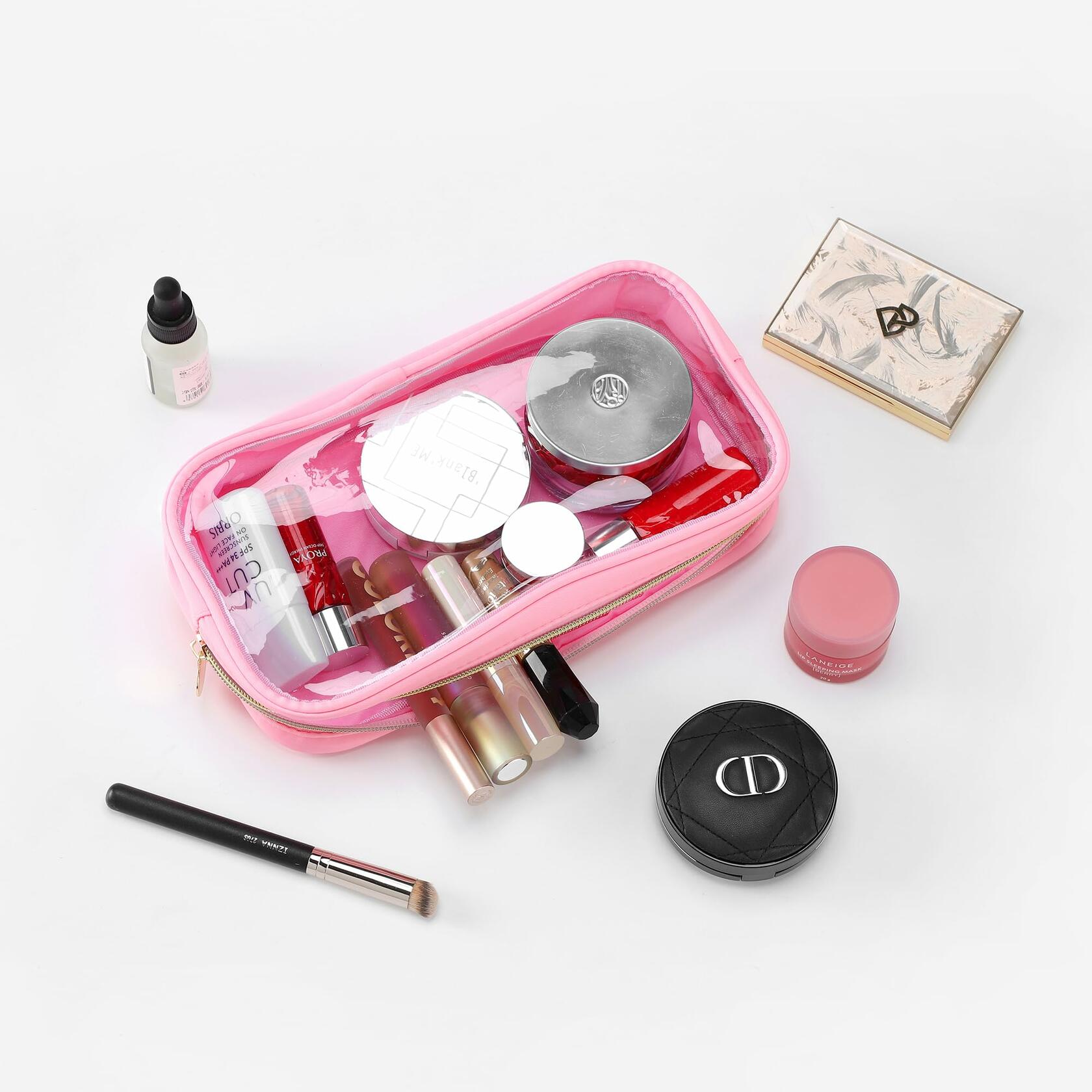 Nogsew Clear Waterproof Travel Makeup Bag Small Pink Zipper Organizer