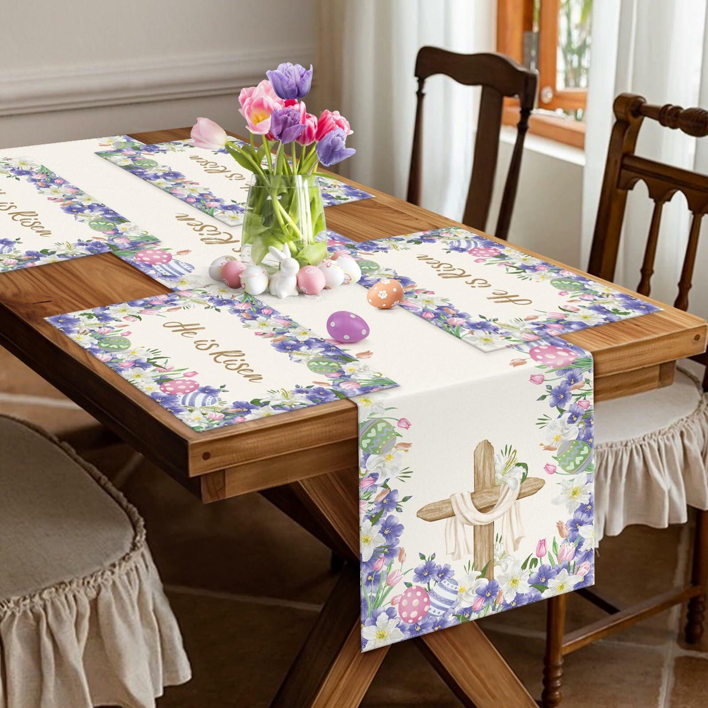 NLUS He is Risen Easter Placemats Set of 4 Christian Cross Lily Flowers