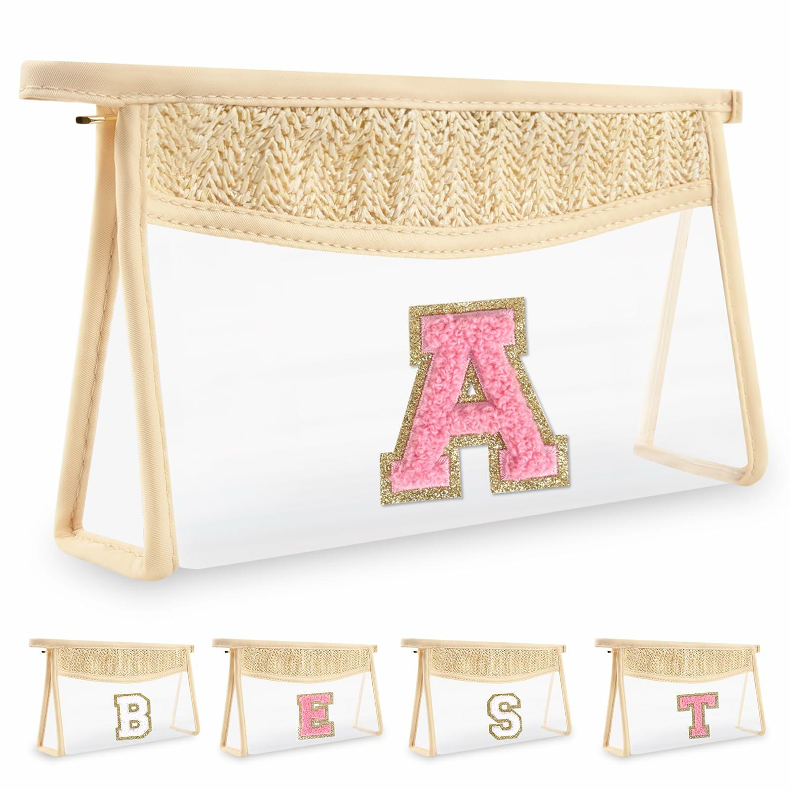 Personalized Initial Small Boho Straw Clear Makeup Bag Waterproof PVC Travel
