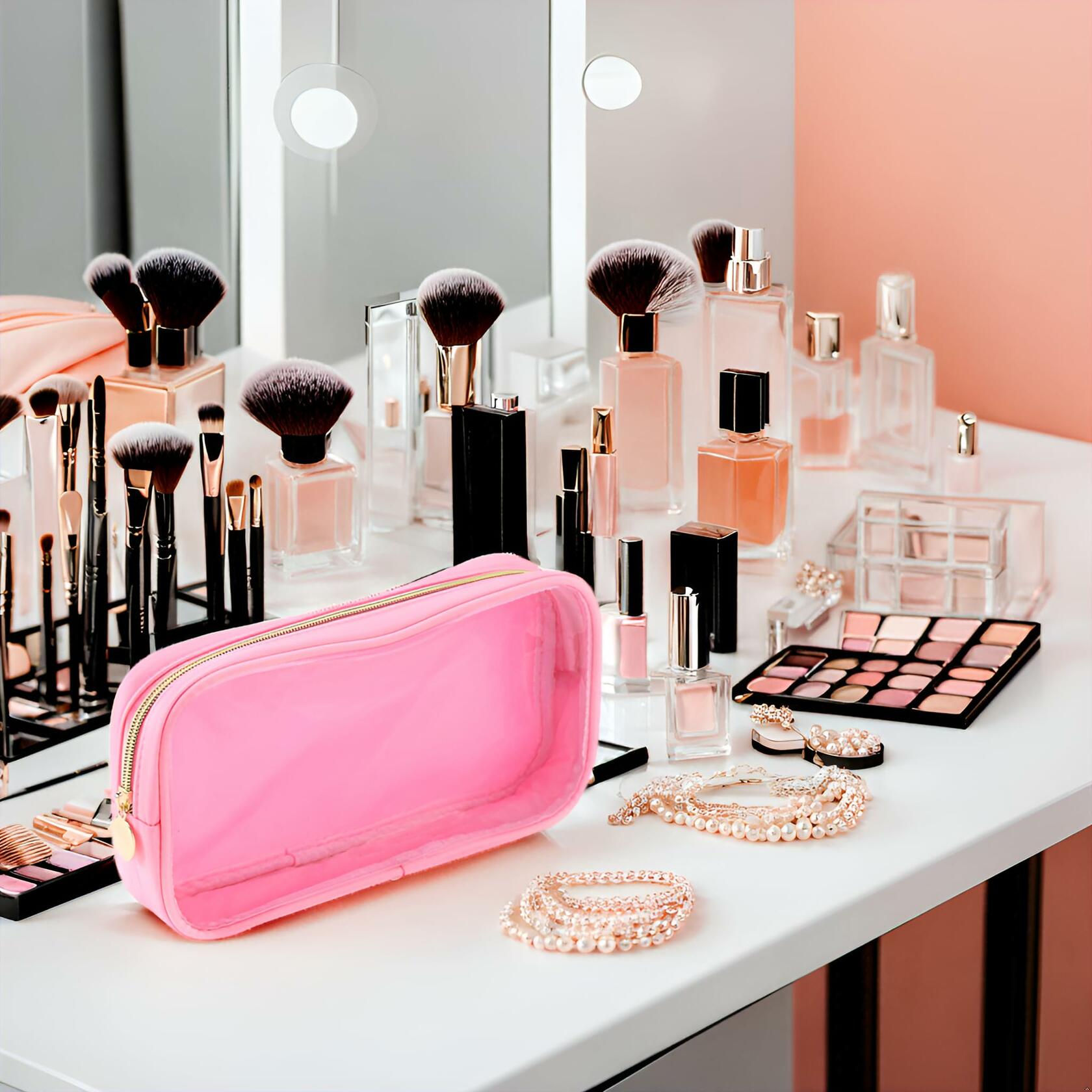 Nogsew Clear Waterproof Travel Makeup Bag Small Pink Zipper Organizer