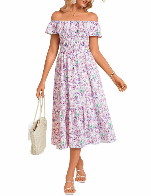 GRACE KARIN Women's Off Shoulder Floral Ruffle Midi Dress Rose Red Size XL