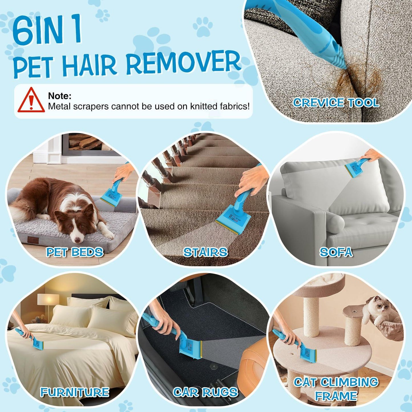 LVHATN 6IN1 Pet Hair Remover Tool for Car Rug Couch Furniture 8.27in